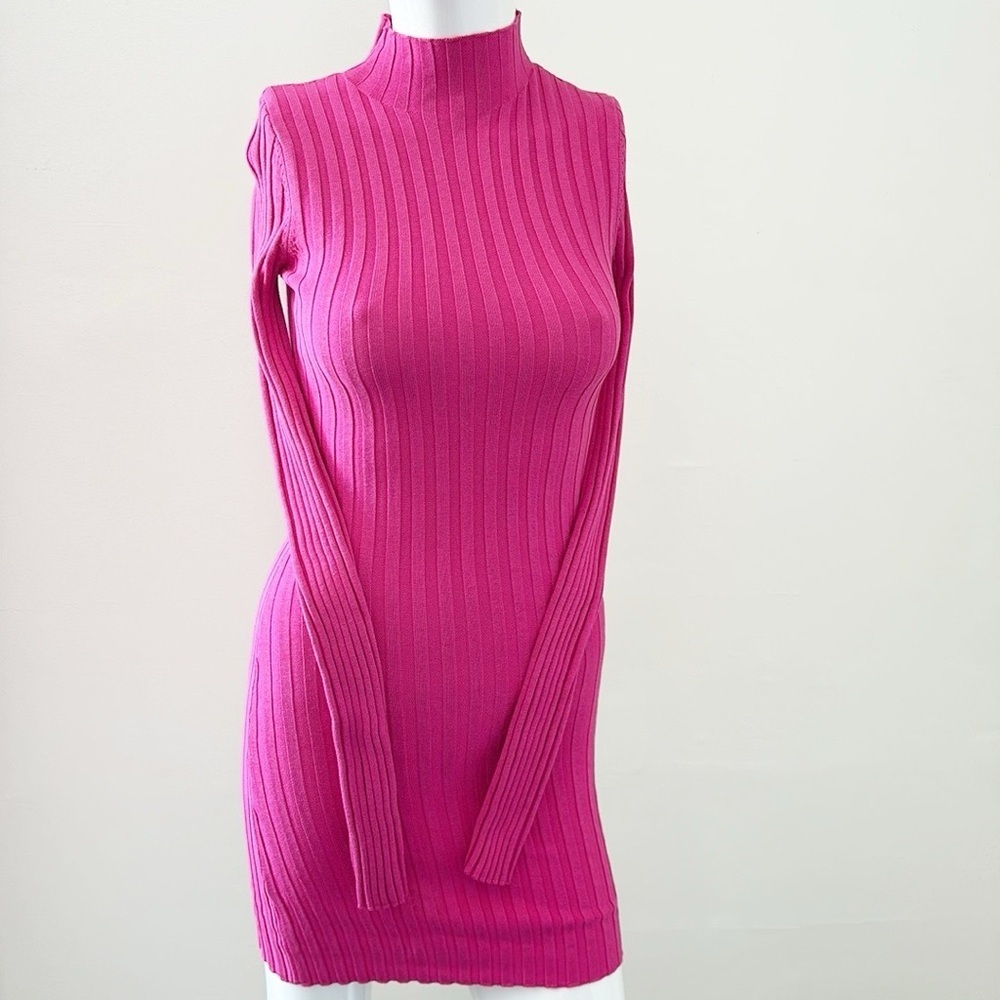 RtA Brielle Long Sleeve Silk Ribbed Knit Fitted Mini Dress in Fuchsia Pink - Picture 2 of 6